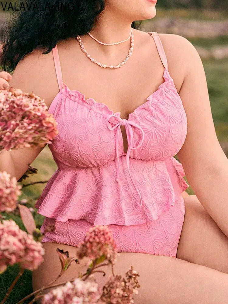 2026 Lady Strapped 2 Piece Plus Size Bikini Women Ruffle Push Up Large Swimsuit Pink Chubby Swimwear Beach Curvy Bathing Suit