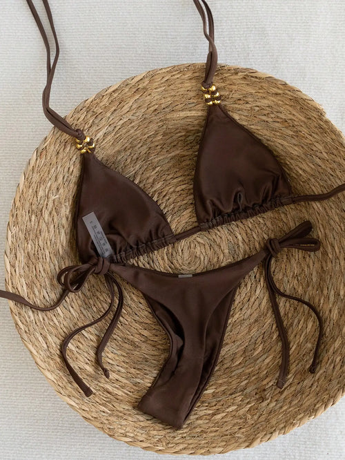 Brown Elegance - Metal Beaded Triangle Bikini Swimsuit