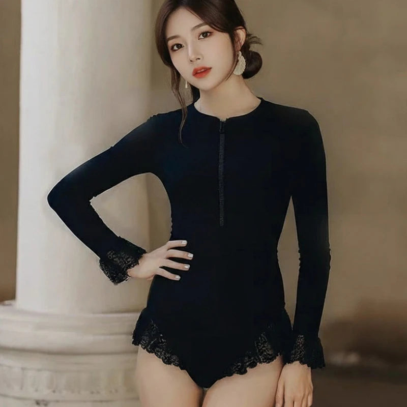 New Fashion Long Sleeve One Piece Swimsuit Women Modest Brief Push Up Slimming Sexy Tummy Control Hot Spring Youthful Swimwear