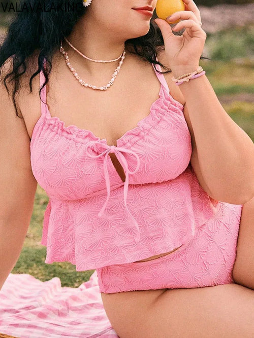 2026 Lady Strapped 2 Piece Plus Size Bikini Women Ruffle Push Up Large Swimsuit Pink Chubby Swimwear Beach Curvy Bathing Suit