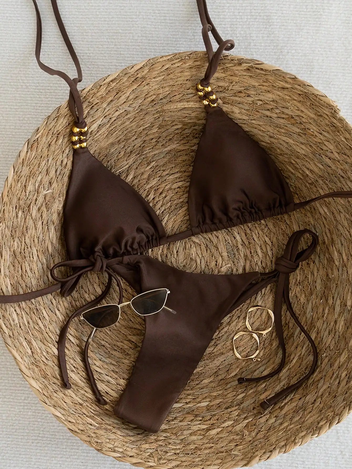 Brown Elegance - Metal Beaded Triangle Bikini Swimsuit