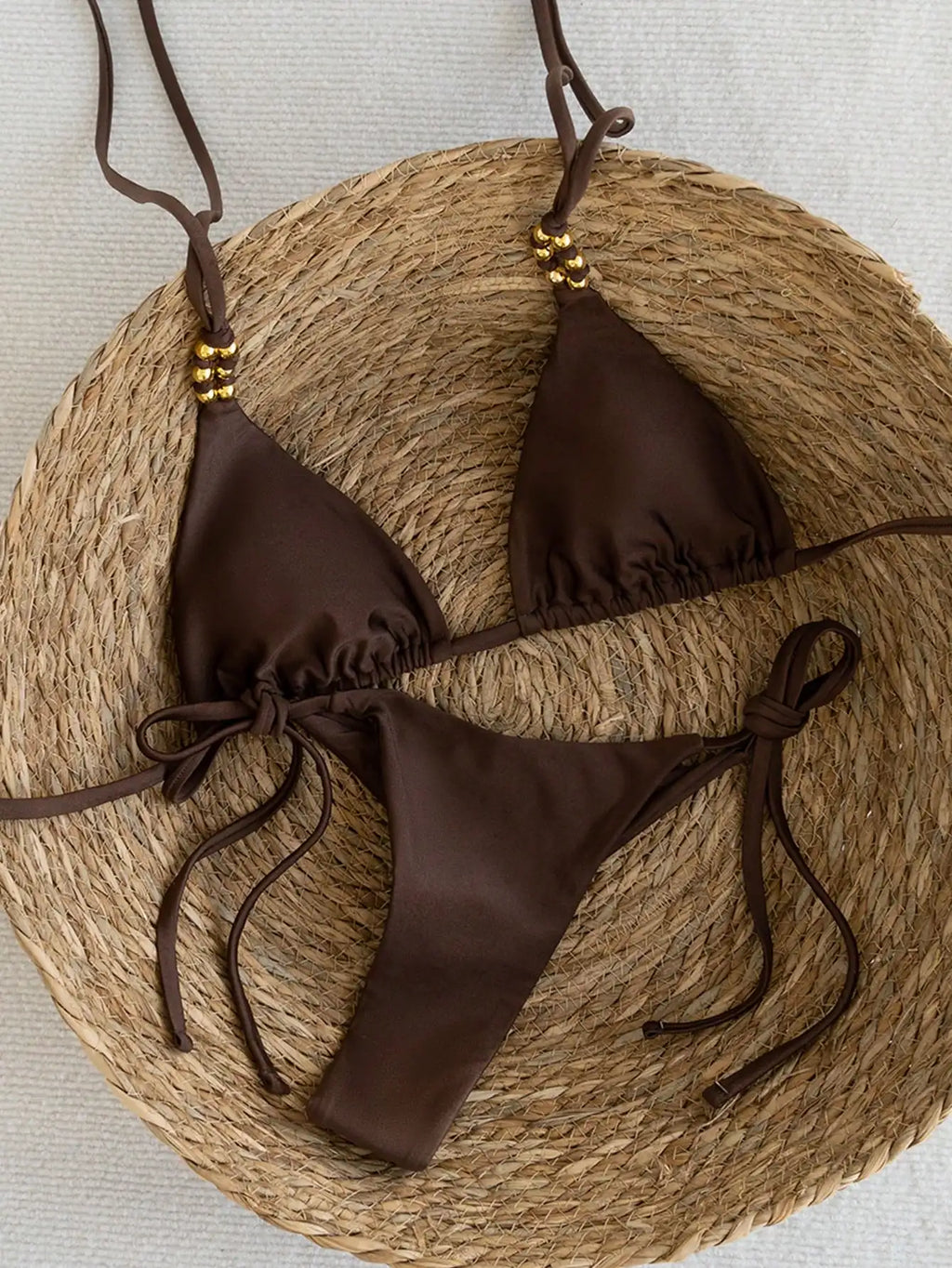 Brown Elegance - Metal Beaded Triangle Bikini Swimsuit