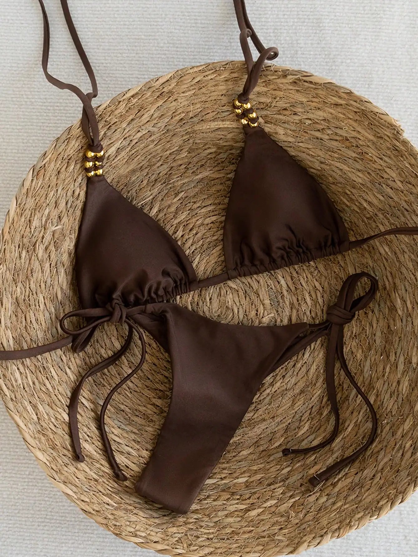 Brown Elegance - Metal Beaded Triangle Bikini Swimsuit