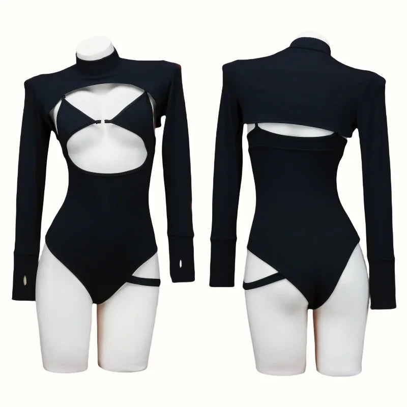 Anime Black Hollow Swimsuit Women Bodysuit Cosplay Costume Sexy Backless Swimwear with Cover-up Girls Underwear Role Play Outfit