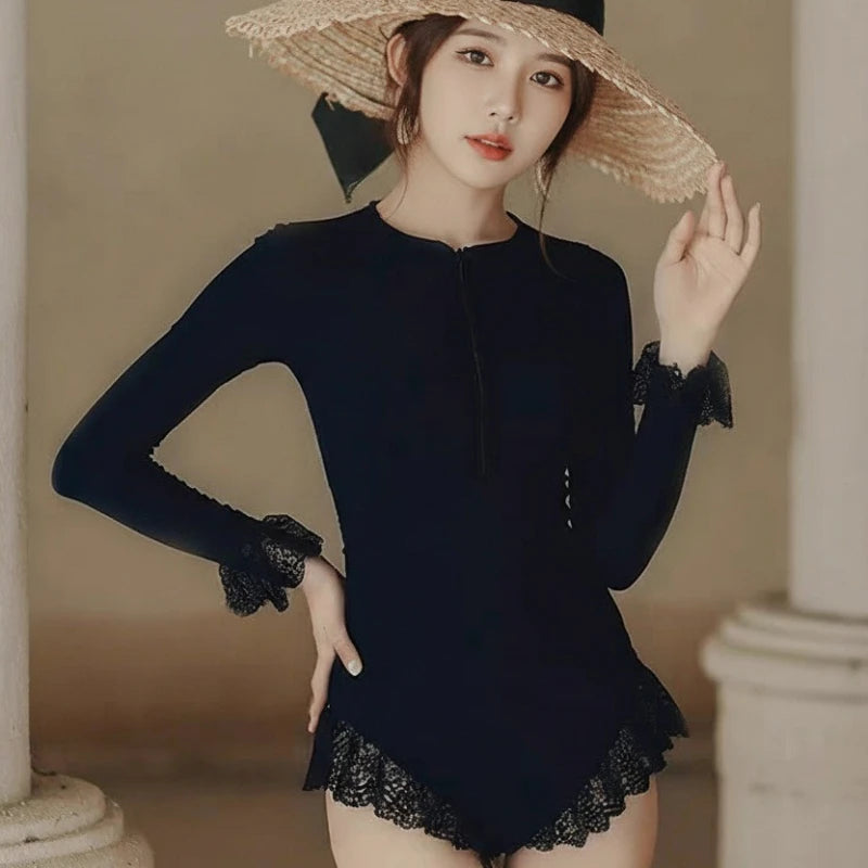 New Fashion Long Sleeve One Piece Swimsuit Women Modest Brief Push Up Slimming Sexy Tummy Control Hot Spring Youthful Swimwear