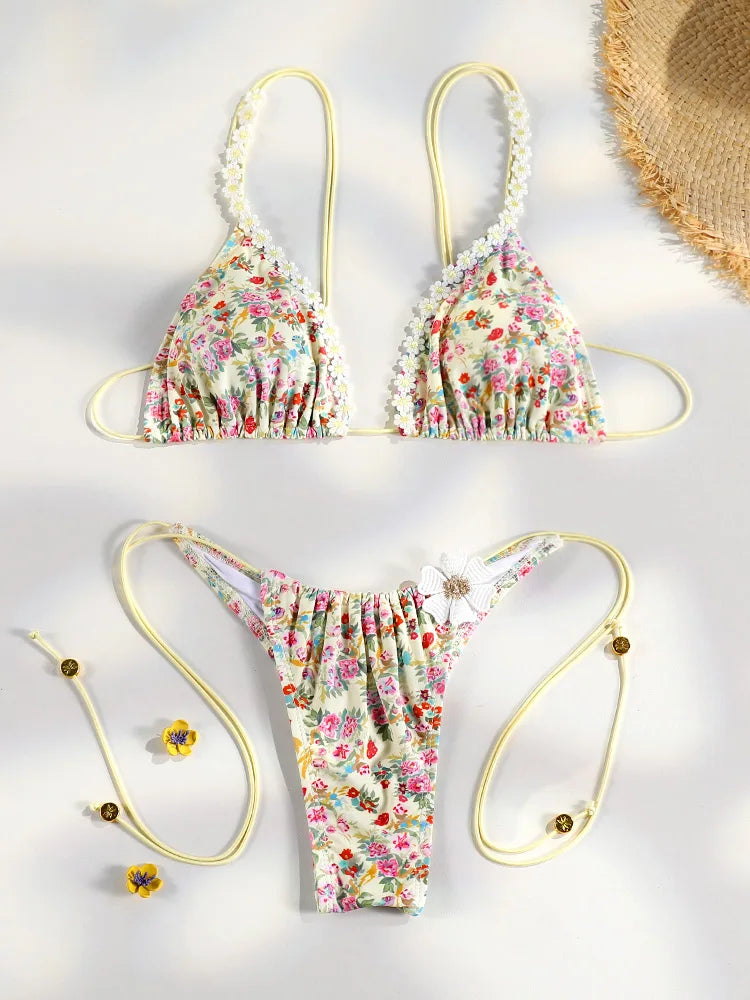 Floral Print Bordered Bikini Set Sexy Swimwear Women 2026 Bikinis Swimsuit Micro Thong Bandage Bathing Suits