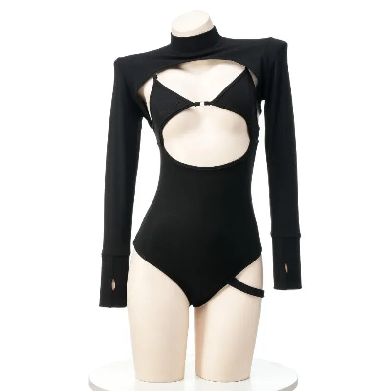 Anime Black Hollow Swimsuit Women Bodysuit Cosplay Costume Sexy Backless Swimwear with Cover-up Girls Underwear Role Play Outfit